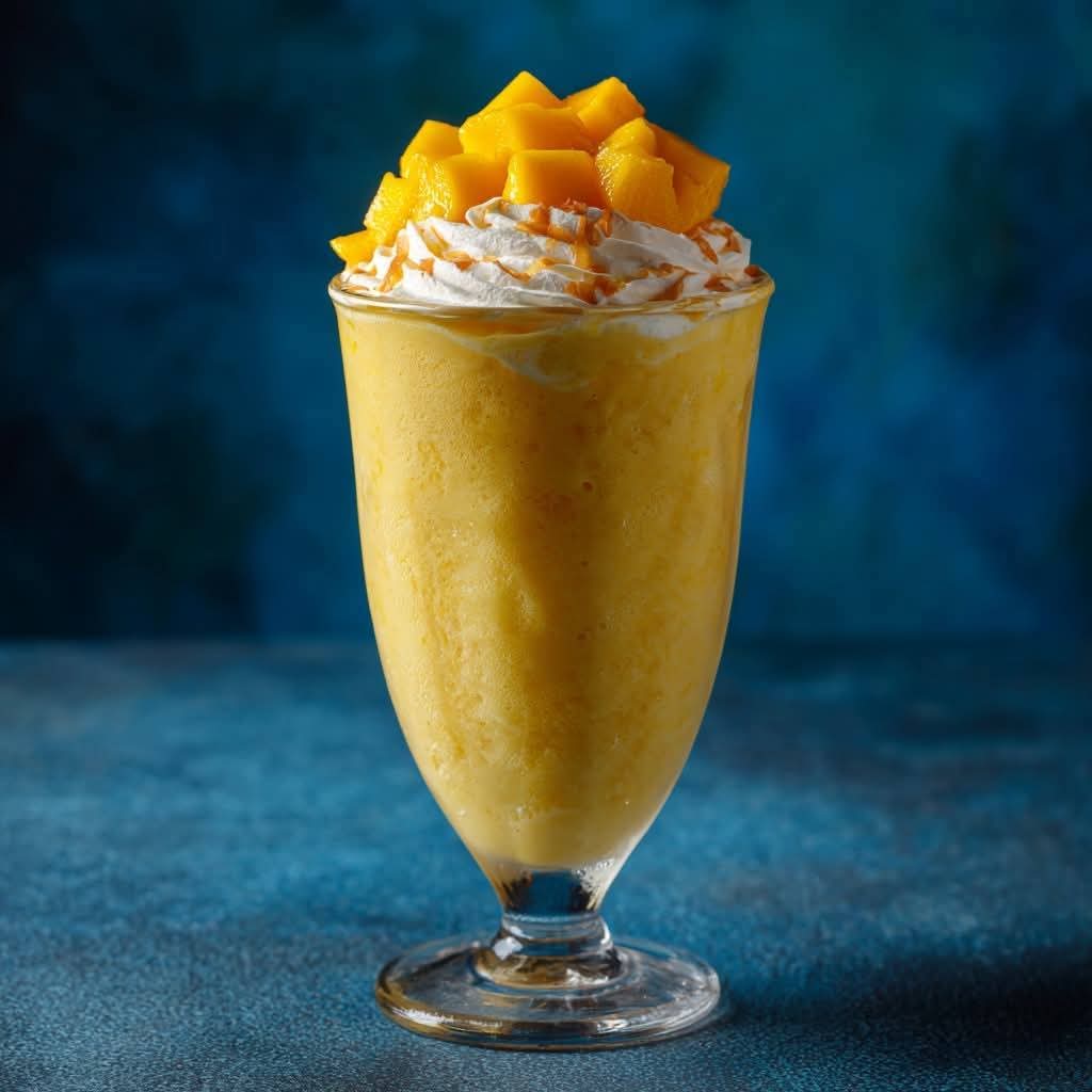 Mango Cherry Whip Smoothie — creamy smoothie made with fresh mangoes and cherries, topped with whipped cream and mint leaves, served in a glass.