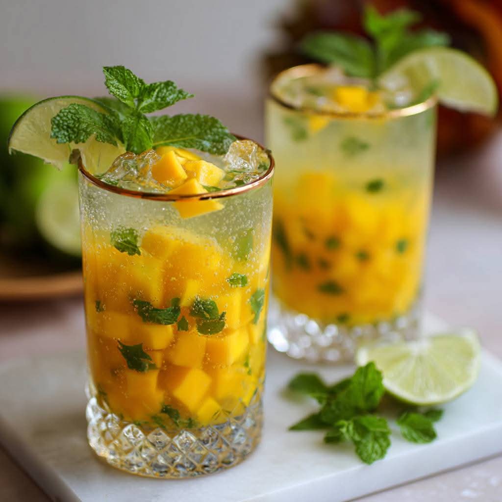 Refreshing Mango Mojito Recipe with fresh mango chunks, mint leaves, and lime slices served over ice in a tall glass