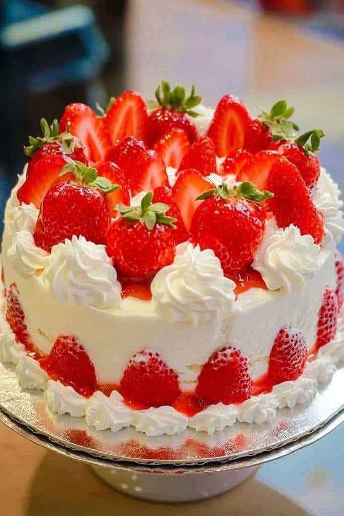 Fresh summer strawberry shortcake layered with fluffy vanilla cake, whipped cream, and juicy strawberries, garnished with whole berries on top.