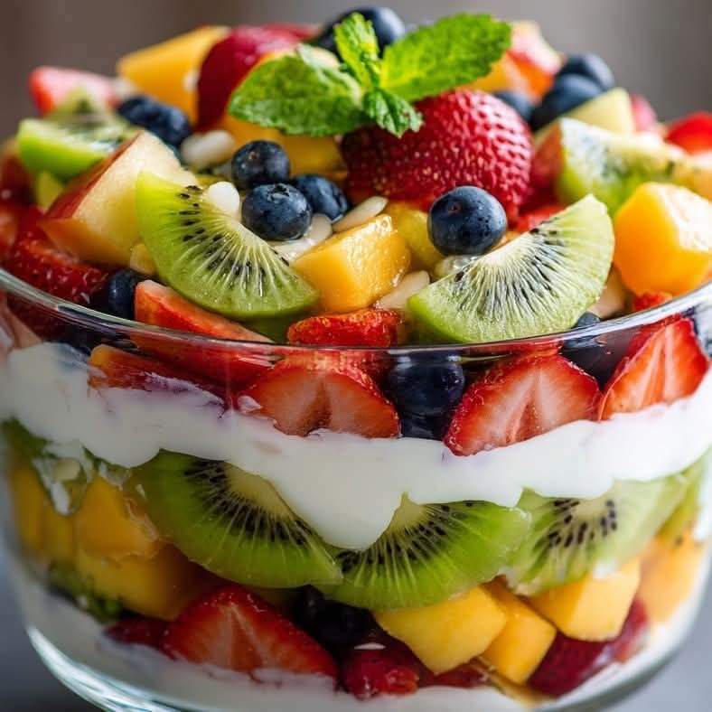 Layered fruit trifle in a glass bowl, featuring colorful layers of fresh fruits, creamy custard, and whipped cream, garnished with mint leaves — no cooking required.