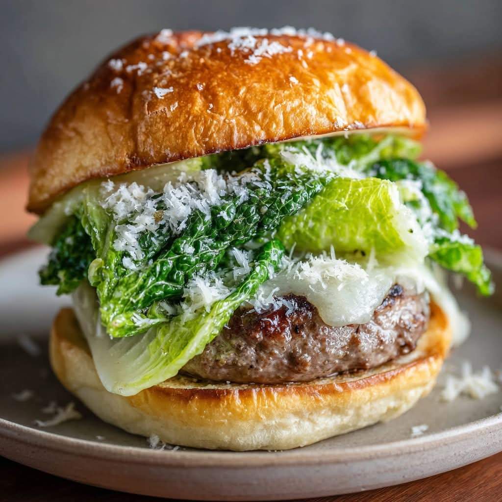 Close-up of a juicy Caesar Salad Burger with two layers of crispy lettuce, grilled beef patty, melted cheese, and fresh Caesar dressing in a toasted bun.