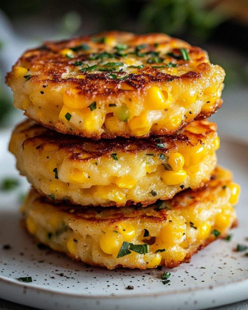 Cheesy corn fritters stacked on a plate – golden, crispy, and oozing with melted cheese.