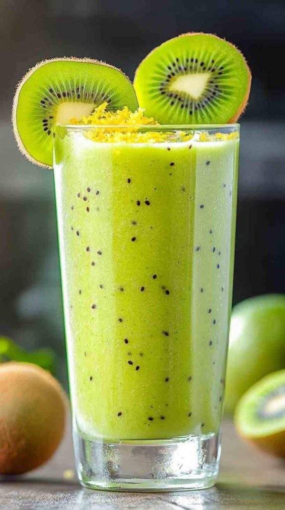 Glass of refreshing Avocado Kiwi Citrus Smoothie with fresh fruit garnish