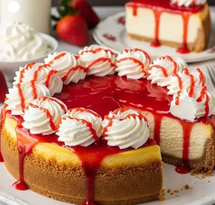 A slice of Strawberries & Cream Cheesecake topped with glistening strawberry sauce and fresh berries on a white plate — the perfect creamy and fruity indulgence.