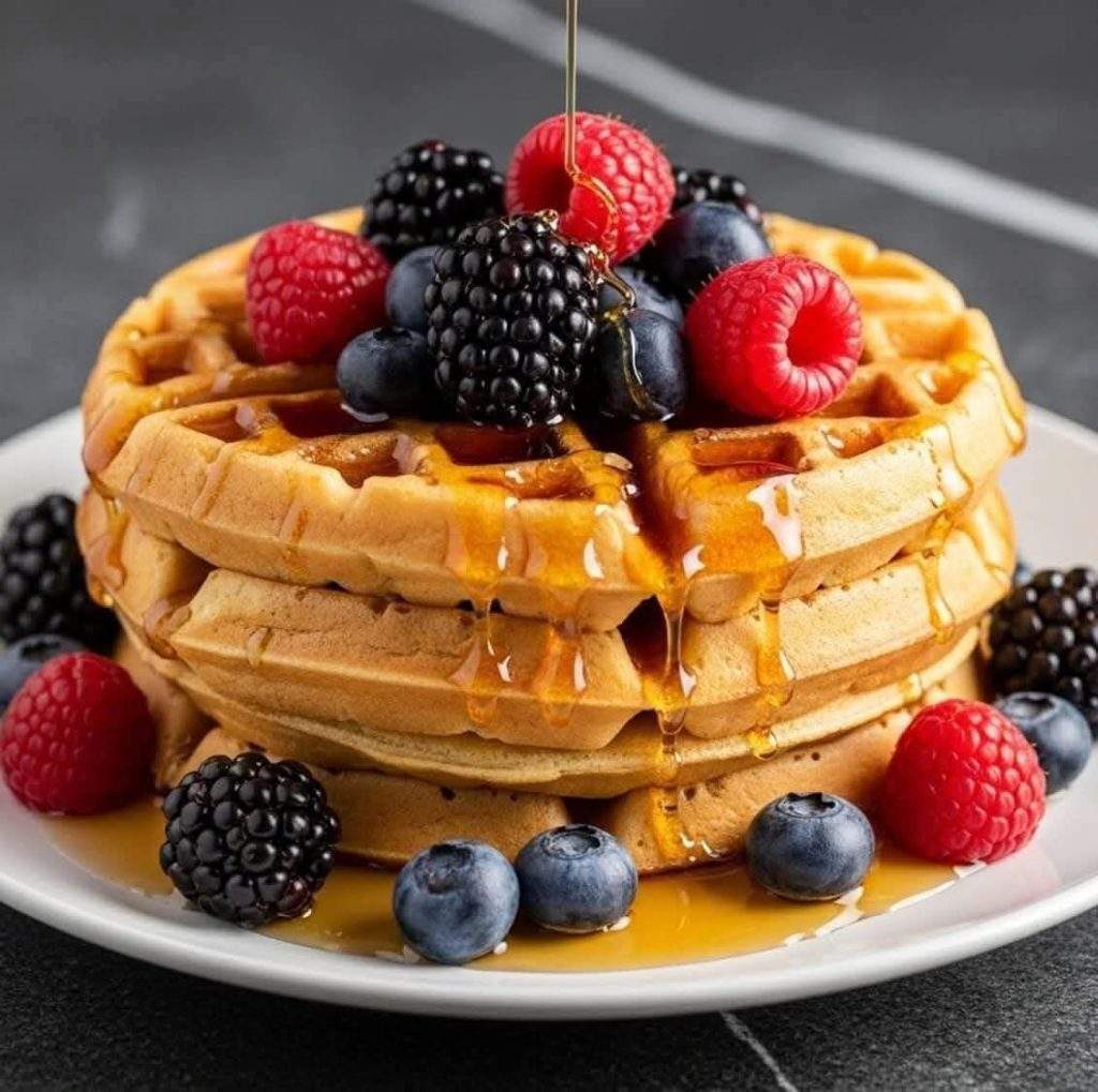 Golden, crispy classic American waffles topped with fresh raspberries, blackberries, and a drizzle of maple syrup — the perfect breakfast indulgence!