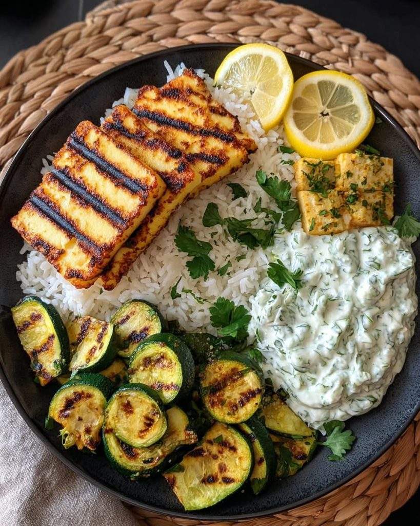 Mediterranean Halloumi Rice Bowl with grilled zucchini, fluffy basmati rice, and a creamy lemon herb yogurt sauce, garnished with fresh mint in a white bowl.