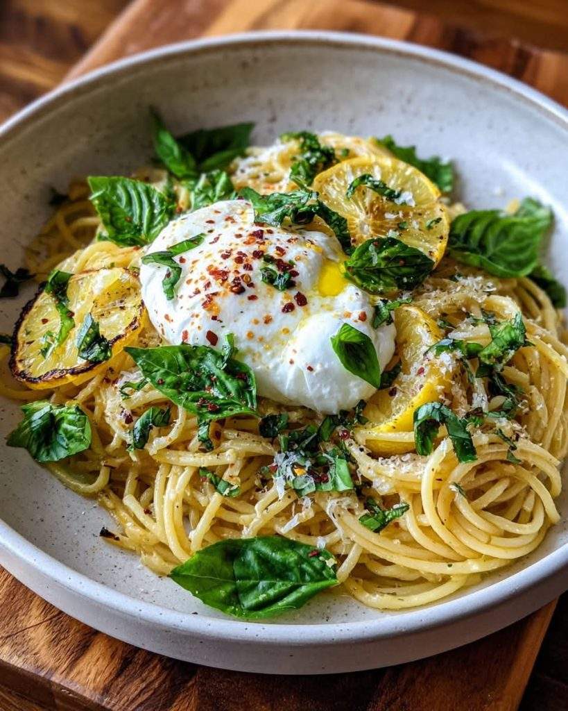 A vibrant summer bowl of Burrata Basil Lemon Pasta, topped with creamy burrata, charred lemon, and fresh basil – a perfect quick dinner.