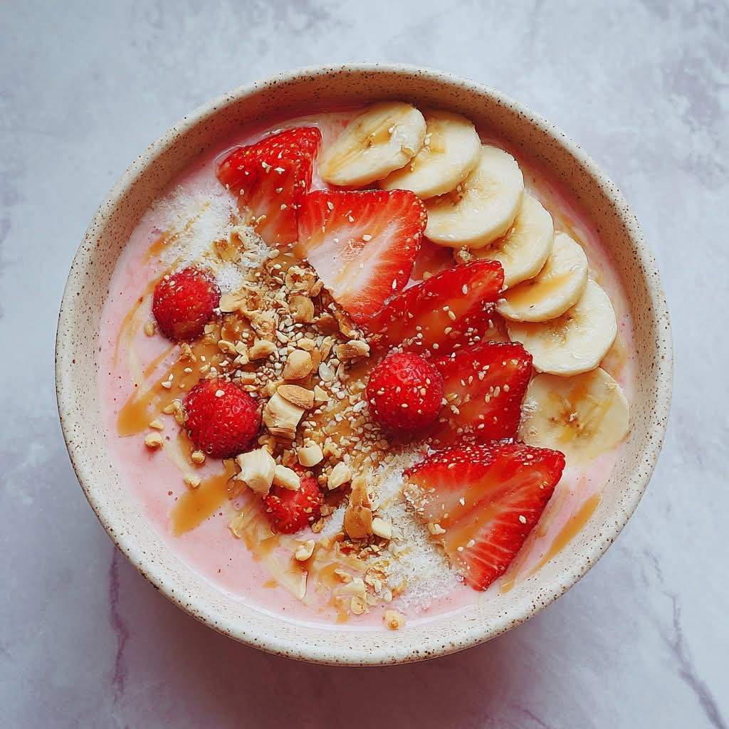 ðð¥£ Strawberry Banana Smoothie Bowl topped with fresh fruits, crunchy granola, nuts, and a drizzle of honey – a vibrant and healthy breakfast choice!