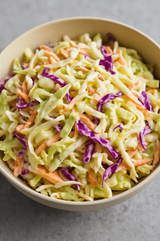 Classic coleslaw salad served in a bowl – a crunchy and refreshing side dish with cabbage and carrots