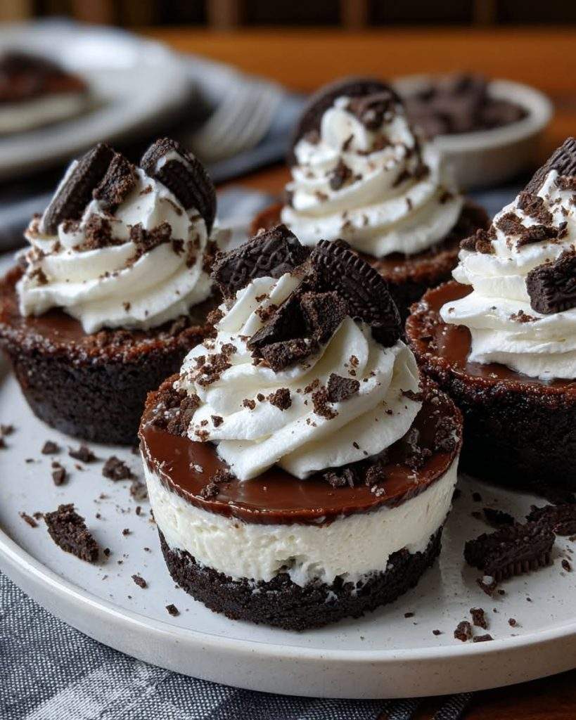 No-Bake Oreo Cheesecake Cups served in glass jars, topped with crushed Oreos and creamy filling – a delicious no-bake dessert perfect for any occasion.