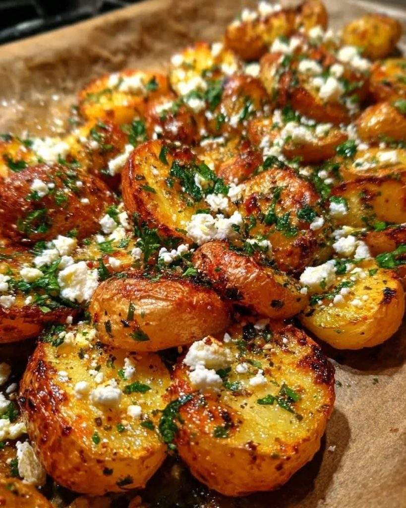 Crispy Greek roast potatoes with lemon, feta, and herbs on a rustic plate.