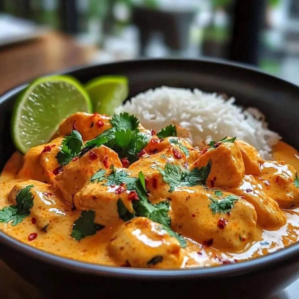 Creamy Coconut Lime Chicken served over fluffy jasmine rice, garnished with fresh cilantro and lime wedges.