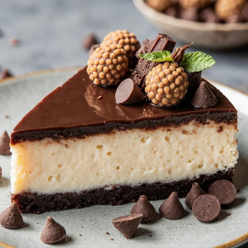 A rich and layered triple chocolate cheesecake topped with glossy chocolate ganache, chocolate curls, and truffles, served on a white plate with fresh mint garnish.