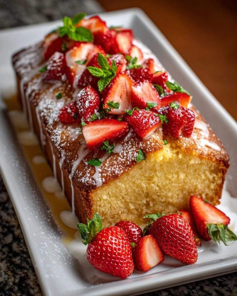A freshly baked slice of Strawberry Buttermilk Pound Cake topped with a glossy buttermilk glaze, served on a white plate with fresh strawberries on the side.