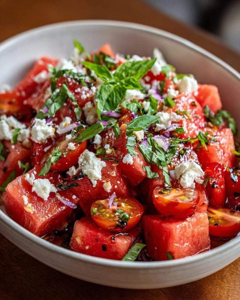 "Tomato Watermelon Salad with Feta & Basil served fresh with balsamic drizzle – a vibrant and refreshing summer dish.