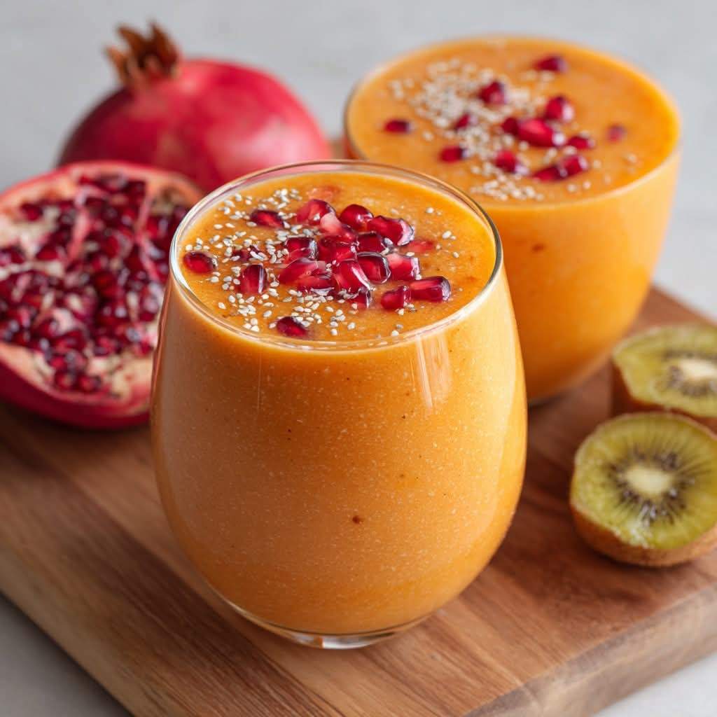 Bright and colorful Sunrise Smoothie with Pomegranate and Kiwi, served in a tall glass, topped with chia seeds and fresh pomegranate for a tropical, refreshing breakfast drink