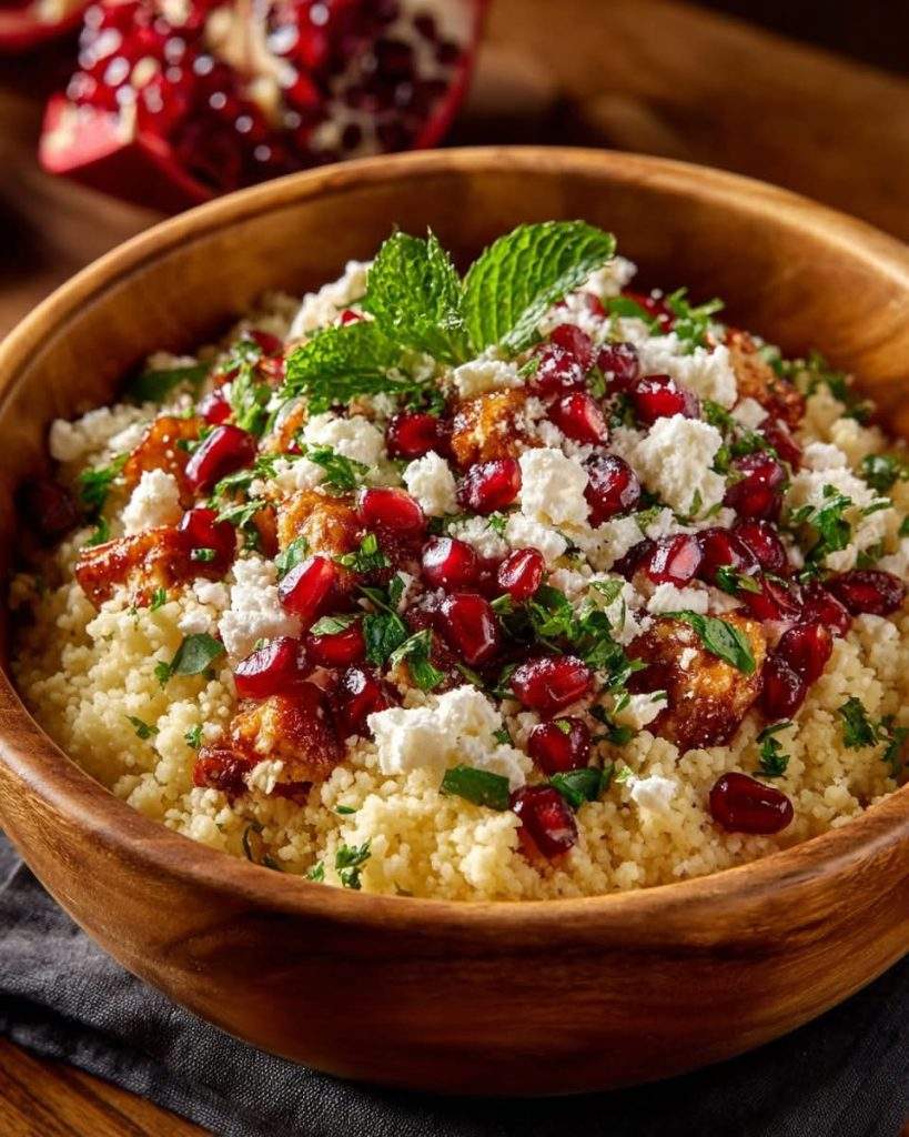 Colorful Couscous Salad with Pomegranate and Feta, topped with fresh herbs and pine nuts