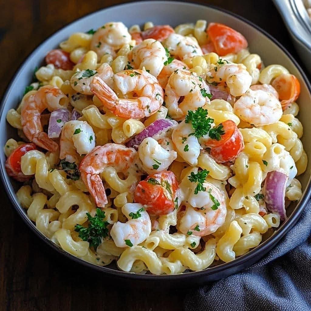 Seafood Pasta Salad with shrimp, crab, red pepper and parsley in a white bowl — Seafood Pasta Salad perfect for summer picnics