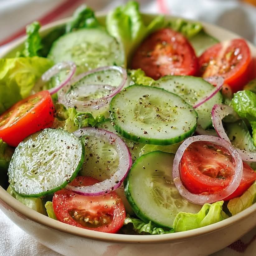 Fresh, crisp, and ready in just 2 minutes! This Quick & Simple Garden Salad combines crunchy lettuce, juicy tomatoes, cool cucumbers, and zesty red onions — dressed lightly with olive oil and lemon juice for the perfect refreshing bite.