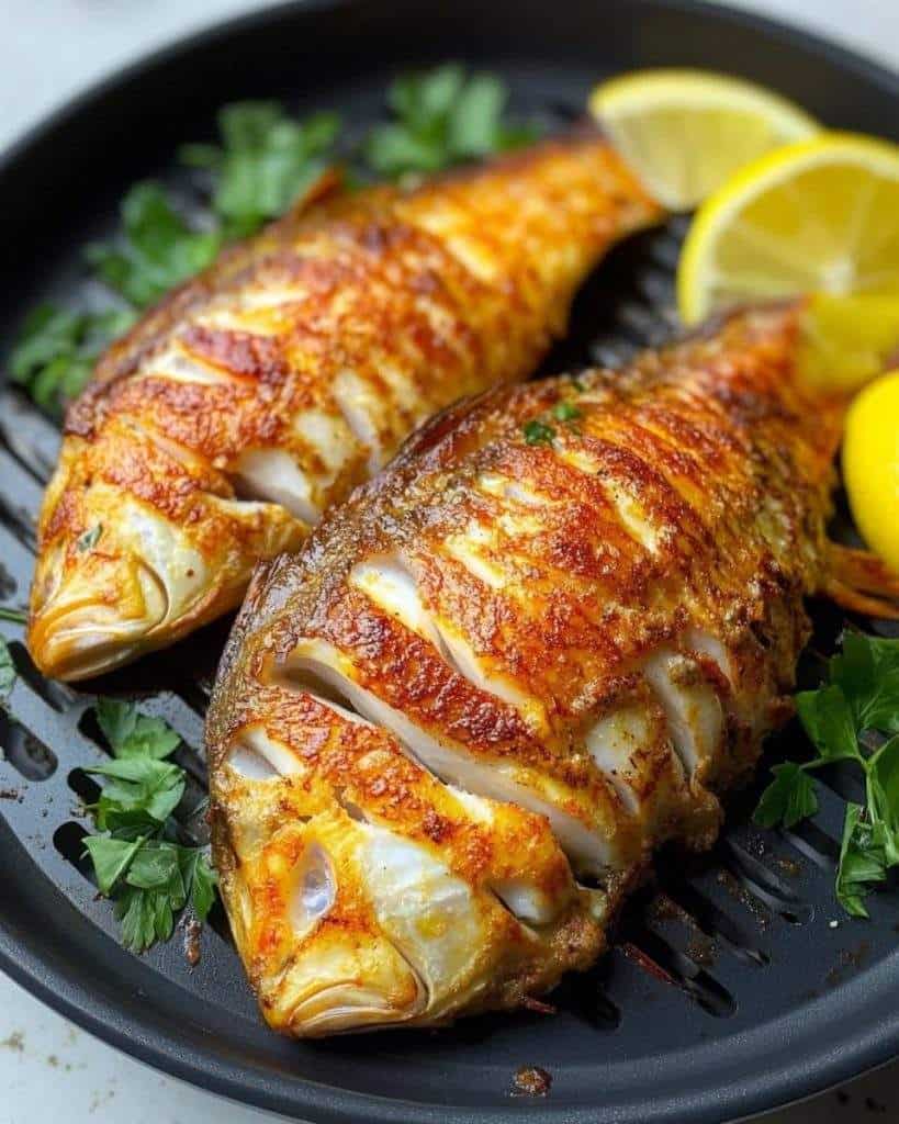 Golden crispy Air Fryer Tilapia fillets served with fresh lemon wedges on a white plate