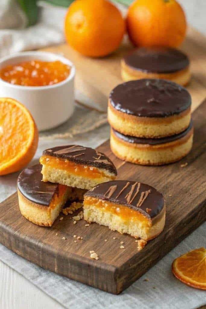 "Orange and Chocolate Delight dessert featuring rich chocolate-covered cakes with a tangy orange filling, showcasing irresistible flavors of orange and chocolate.