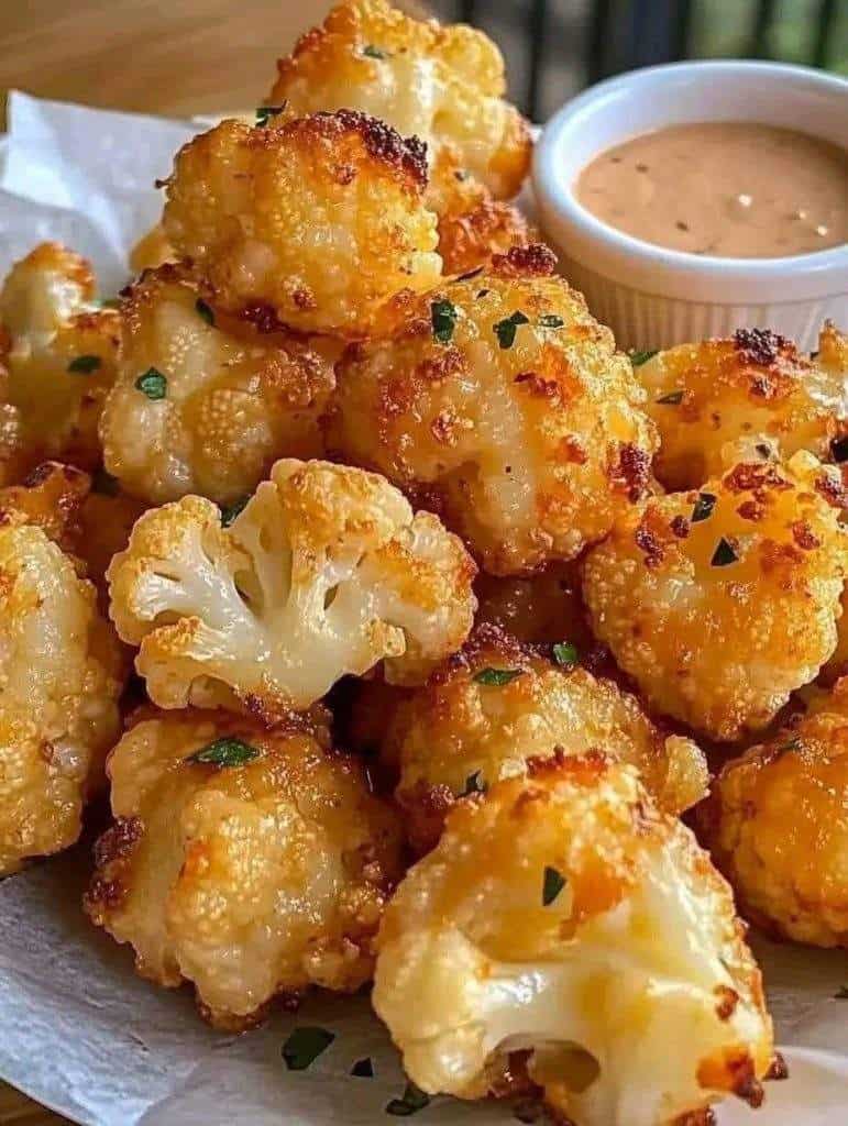 Crispy golden baked cauliflower florets seasoned with spices, served on a white plate, showcasing a delicious and healthy roasted vegetable dish.