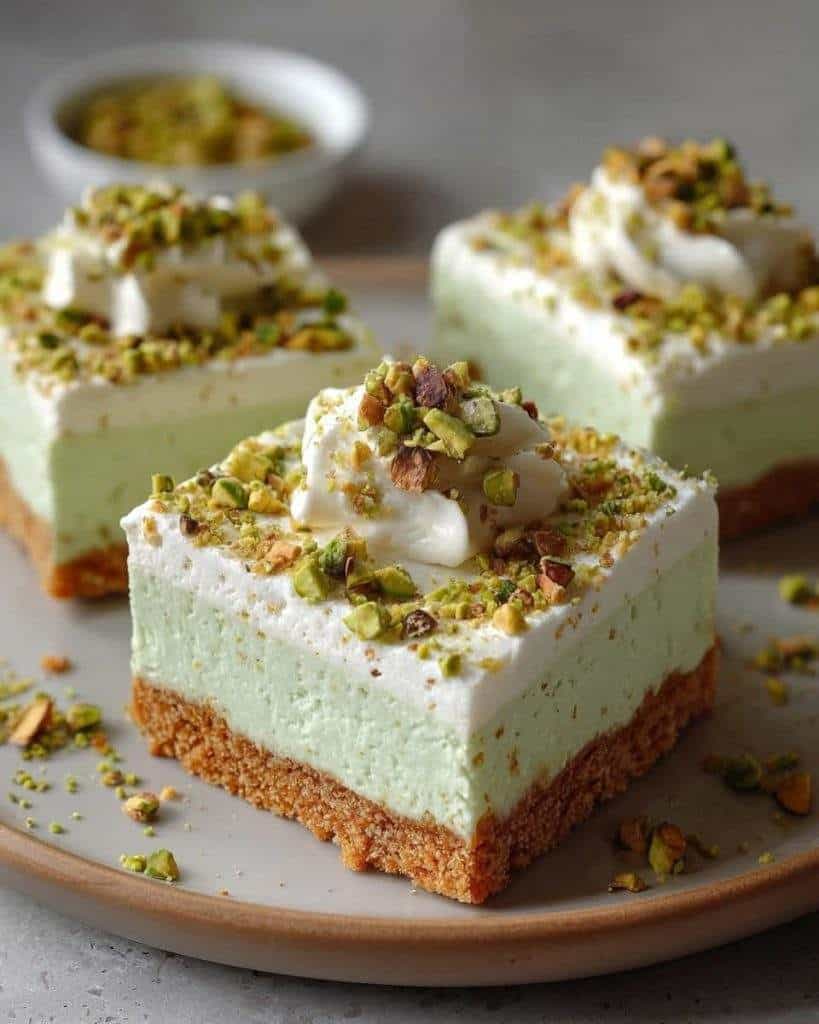 Rich and creamy Pistachio Cheesecake Bars topped with crunchy pistachios – the perfect dessert for pistachio lovers!