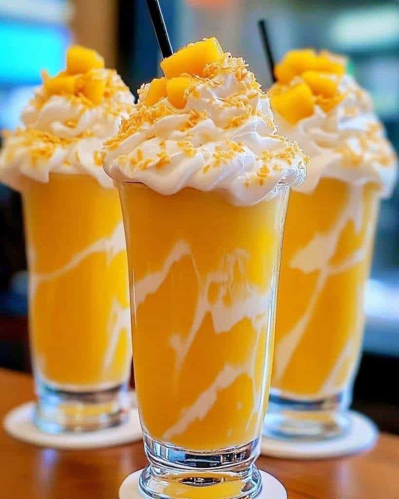 Refreshing 2-Layer Mango Coconut Milkshake topped with whipped cream, toasted coconut flakes, and fresh mango chunks in a tall glass