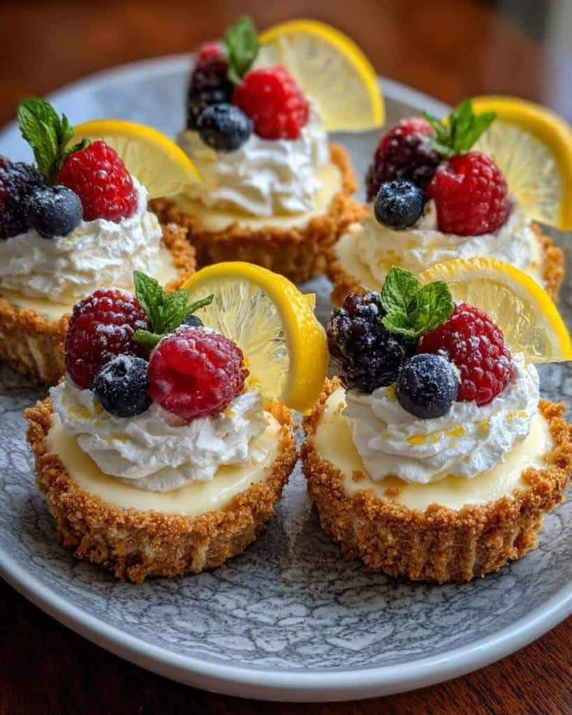 No-bake lemon cheesecake cups topped with whipped cream and lemon zest in clear serving glasses, showcasing a creamy, layered citrus dessert.