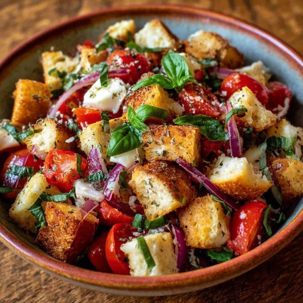 Colorful Italian Panzanella Salad with toasted bread cubes, juicy cherry tomatoes, cucumber, red onion, mozzarella, and fresh basil, tossed in olive oil and vinegar dressing.
