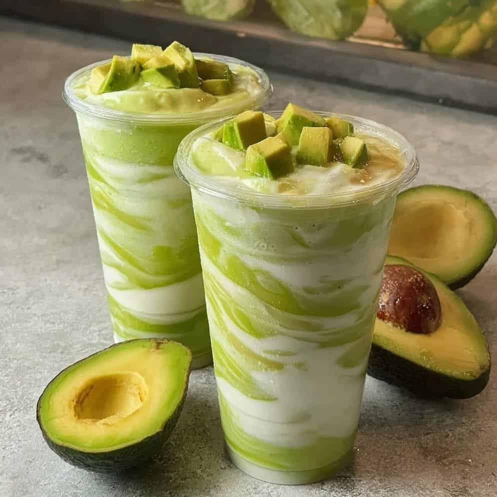 "Creamy avocado smoothie topped with fresh avocado cubes in clear cups, showing swirls of green avocado and white yogurt – perfect avocado smoothie recipe.