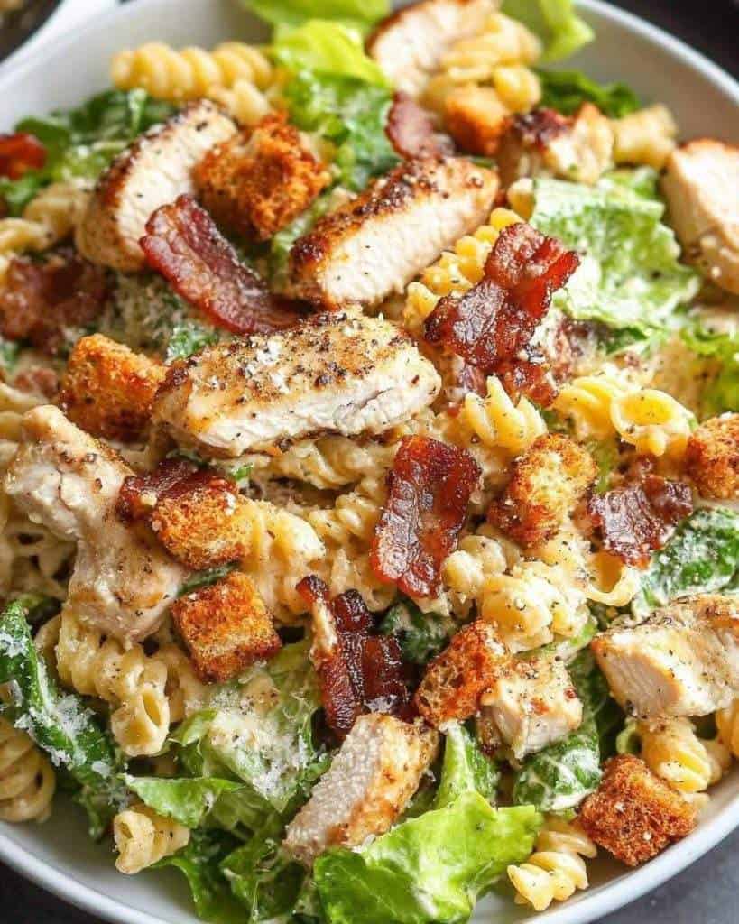Chicken Bacon Caesar Pasta Salad in a large bowl with crispy bacon, grilled chicken, and fresh lettuce