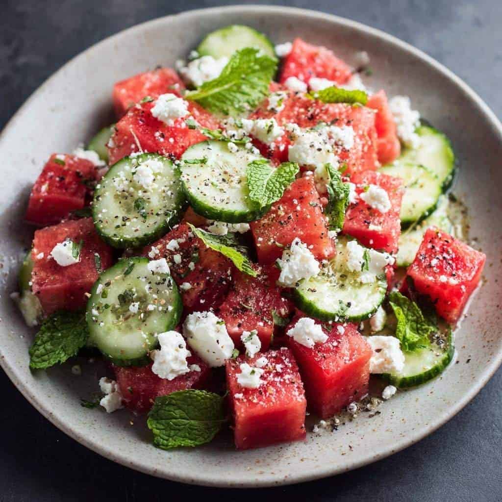 Refreshing Watermelon Cucumber Feta Salad served in a white bowl, garnished with fresh mint leaves, lime zest, and cracked black pepper.
