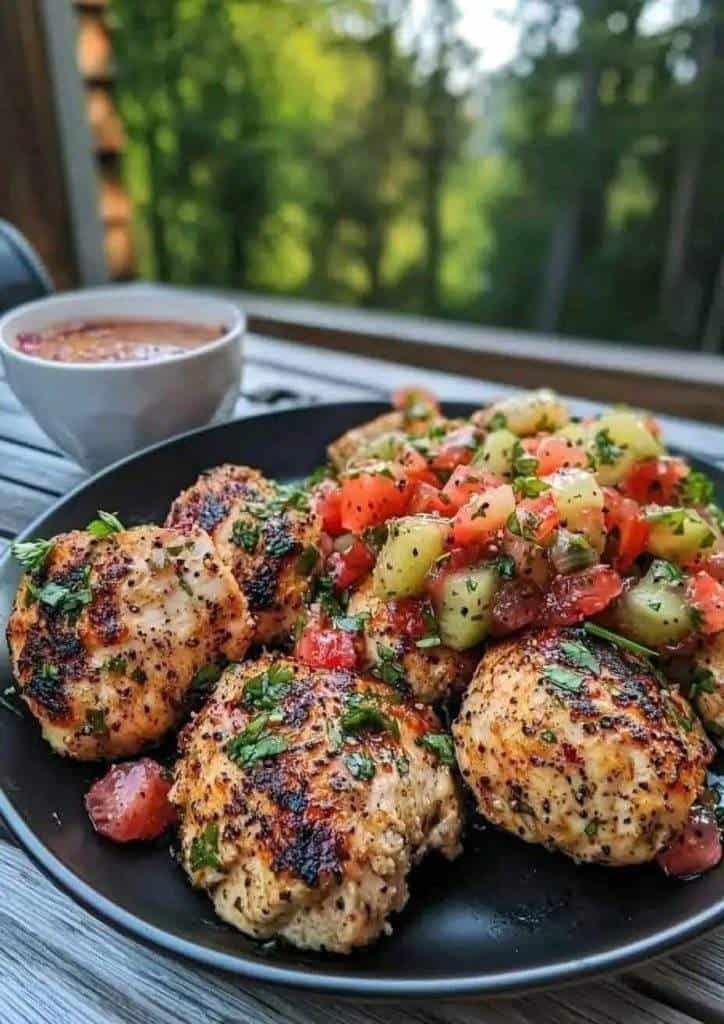 Garlic Cilantro Chicken Bites served with fresh kiwi strawberry salsa on a white plate – vibrant, flavorful, and easy appetizer.