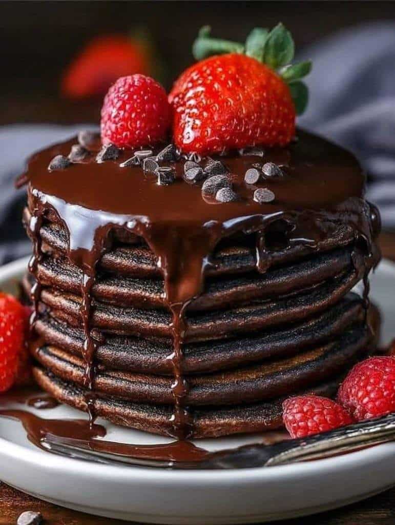 Stack of double chocolate pancakes topped with chocolate ganache, fresh strawberries, and raspberries.