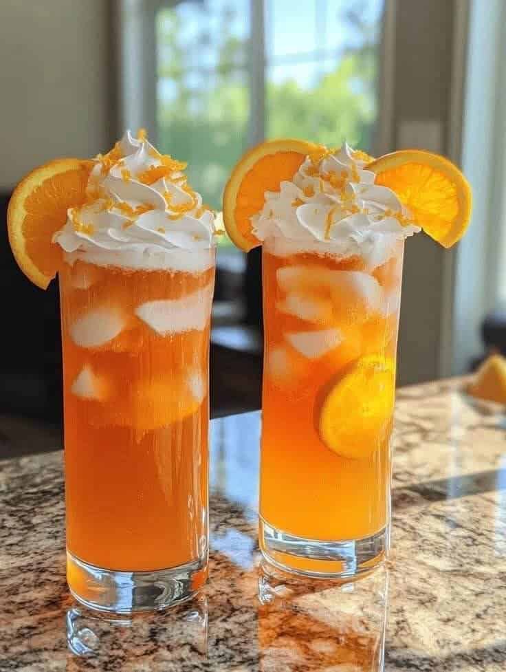 Two tall glasses of Refreshing Orange Cream Cooler topped with whipped cream, orange zest, and garnished with fresh orange slices, placed on a kitchen countertop with sunlight in the background.