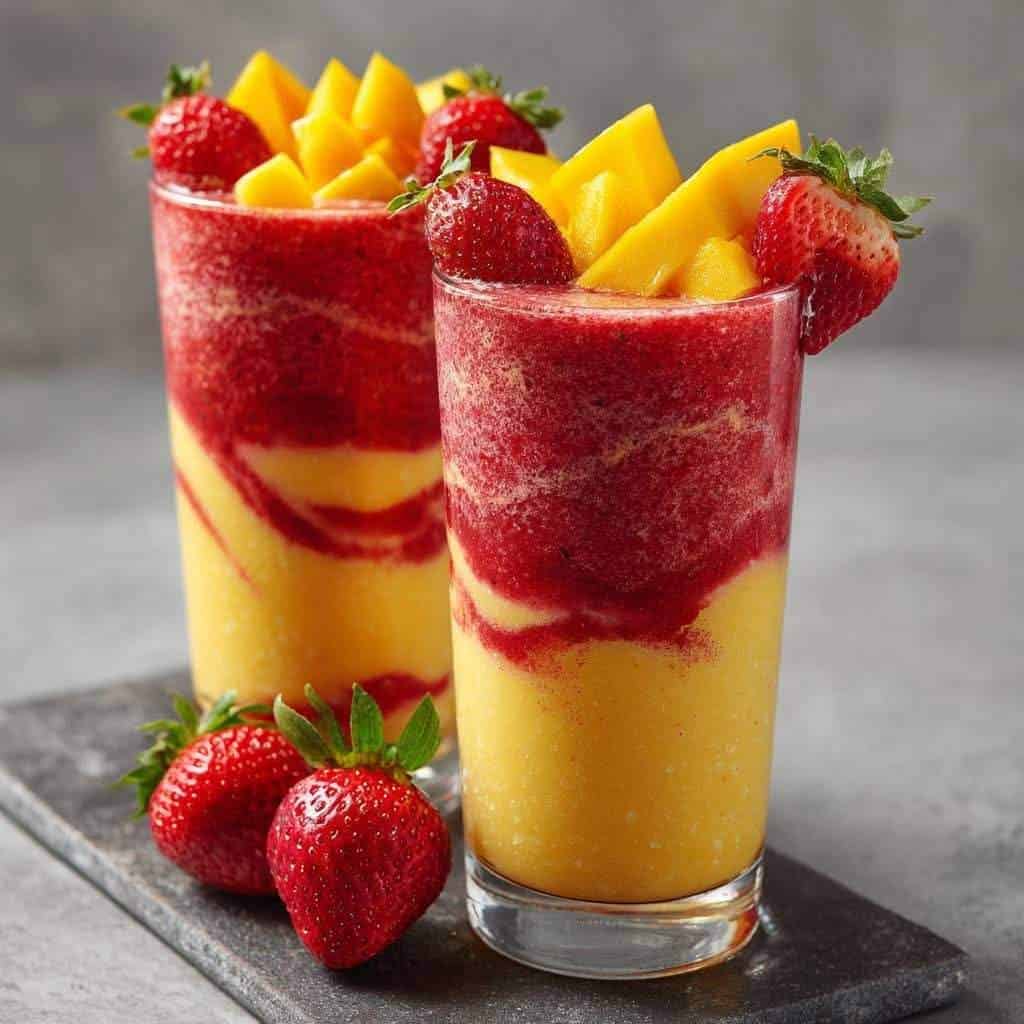 Mango Strawberry Layered Smoothie in a clear glass topped with fresh mango and strawberry chunks, showing vibrant yellow and red layers.