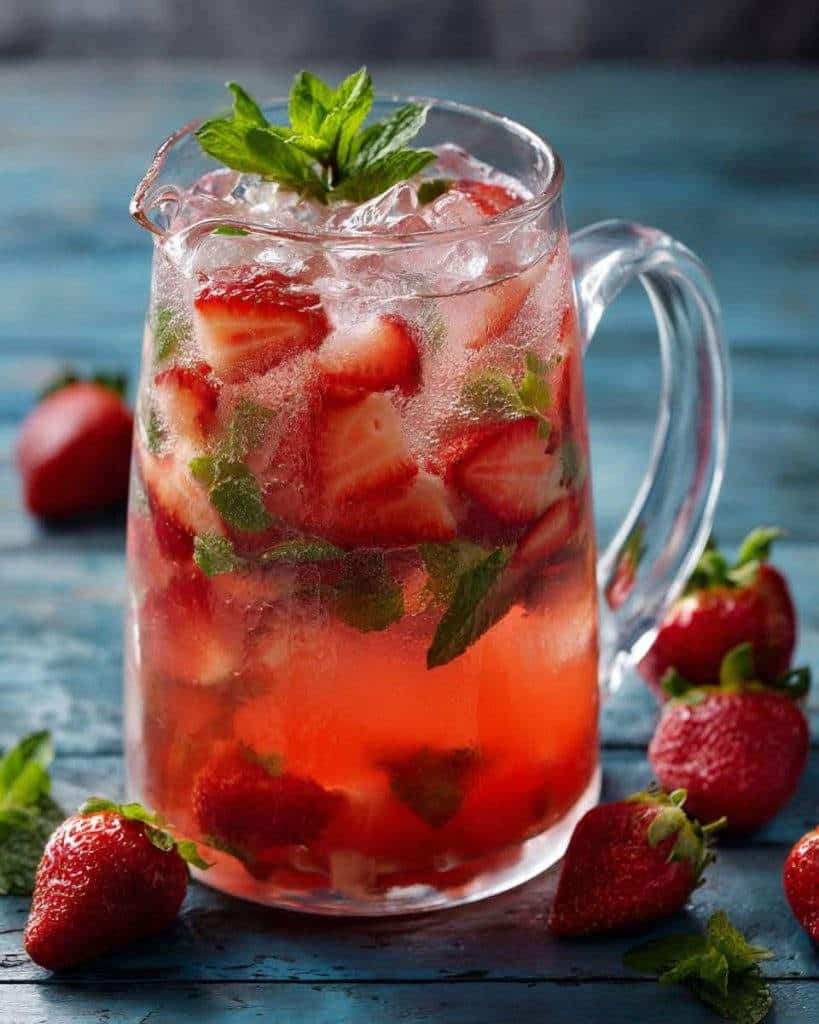 Pitcher of Strawberry Mint Refresher with fresh strawberry slices, mint leaves, ice, and sparkling water on a rustic wooden table.