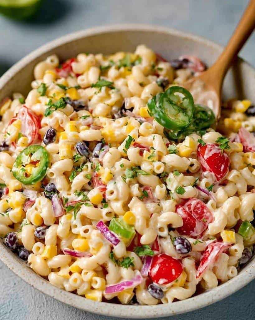Colorful Mexican Macaroni Salad with corn, black beans, cherry tomatoes, bell peppers, jalapeño, and creamy lime dressing served in a bowl, perfect for summer barbecues and potlucks.