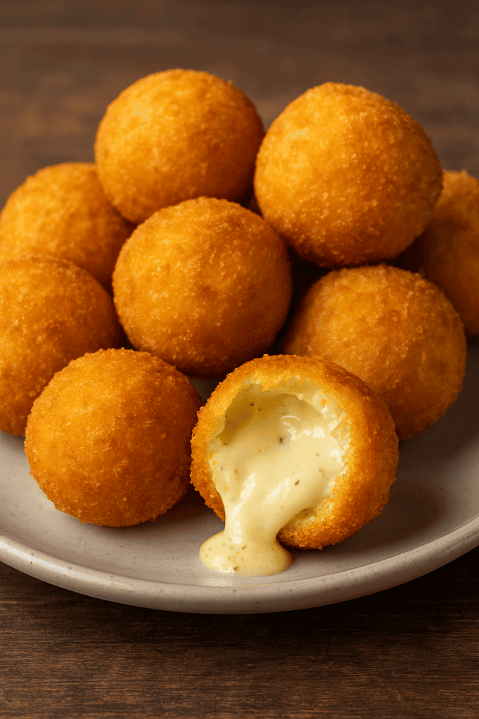 Crispy cheese balls with a crunchy coating and gooey melted cheese inside, served as a delicious snack or appetizer.