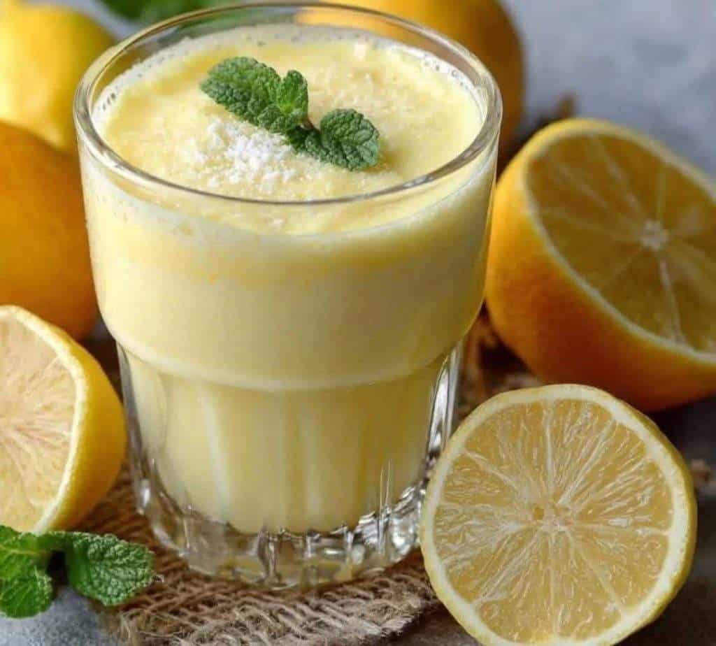 "Refreshing lemon smoothie served in a glass with ice cubes, fresh lemon slices, and a creamy texture, perfect for a cooling summer drink.