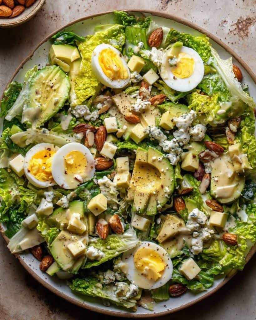 Power Protein Salad Bowl made with fresh romaine lettuce, creamy avocado slices, boiled eggs, crunchy almonds, cheese cubes, and blue cheese crumbles, drizzled with dressing.