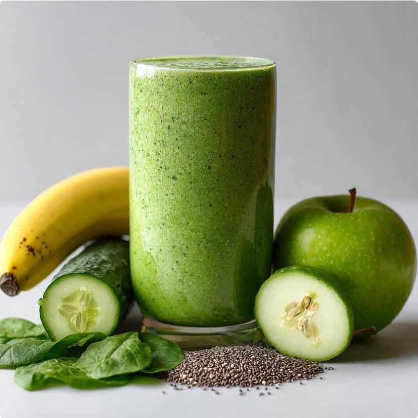 Green Detox Smoothie recipe packed with spinach, green apple, banana, cucumber, and chia seeds for a nutrient-rich, cleansing and energizing drink perfect for a healthy start to the day.