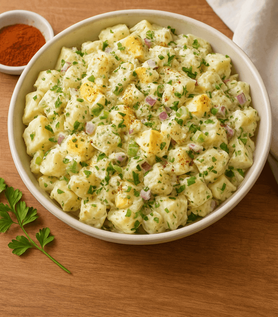 "Delicious and creamy Potato Salad Recipe with chopped eggs, celery, red onion, and fresh parsley, garnished with paprika and ready in just 30 minutes.