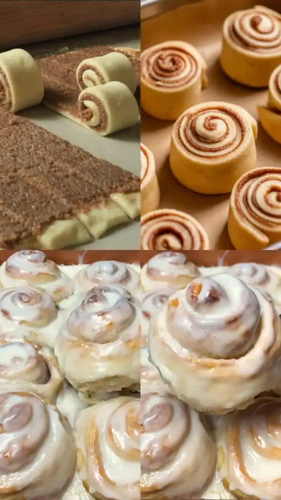 Freshly baked homemade cinnamon rolls with creamy frosting, soft and fluffy interior visible in a sliced roll, golden-brown tops, and a sweet cinnamon filling.
