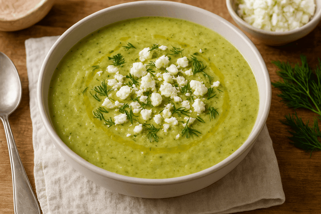 Creamy roasted zucchini soup blended with tangy feta cheese, fresh dill, and a hint of lemon, served warm for a comforting and flavorful meal.