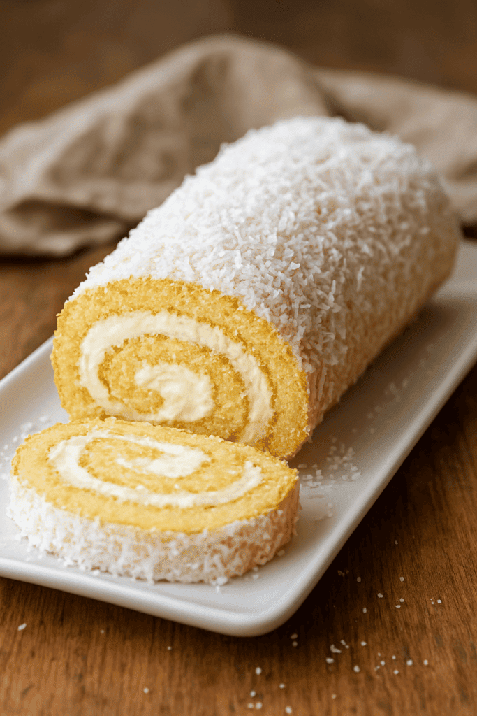Coconut Swiss Roll Cake – Fluffy Sponge, Creamy Filling & Irresistible Coconut Coating! If you love soft, melt-in-your-mouth cakes with a tropical twist, this Coconut Swiss Roll Cake is a dessert you can’t miss. A light and airy sponge cake is rolled around a creamy vanilla filling, then coated in snowy desiccated coconut for a stunning presentation. Perfect for celebrations, tea time, or any sweet craving. --- Table of Contents Ingredients for Coconut Swiss Roll Cake Preparation & Cooking Time Step-by-Step Instructions Tips for a Perfect Coconut Swiss Roll Frequently Asked Questions Internal & External Links Conclusion --- Ingredients for Coconut Swiss Roll Cake For the sponge cake 4 large eggs ½ cup (100 g) sugar 1 tsp vanilla extract ½ cup (65 g) all-purpose flour 1 tsp baking powder 2 tbsp milk 2 tbsp vegetable oil For the filling 1 cup (240 ml) milk 3 tbsp sugar 2 tbsp cornstarch 1 egg yolk ½ tsp vanilla extract 2 tbsp butter For decoration 1 cup (80 g) desiccated coconut --- Preparation & Cooking Time Step Time Prep Time 20 minutes Baking Time 10–12 minutes Cooling & Assembly 30 minutes Total Time ~1 hour Servings 8–10 slices --- Step-by-Step Instructions for Coconut Swiss Roll Cake 1. Make the sponge cake Preheat oven to 180 °C (350 °F). Beat eggs and sugar until pale, thick, and tripled in volume. Add vanilla. Sift flour with baking powder and fold gently into the egg mixture. Stir in milk and oil until smooth. 2. Bake Line a baking tray with parchment paper. Pour in the batter and spread evenly. Bake for 10–12 minutes until lightly golden. 3. Roll the sponge While still warm, turn the sponge onto a new sheet of parchment. Gently roll it with the paper inside and let it cool completely. 4. Prepare the creamy filling In a saucepan, whisk milk, sugar, cornstarch, and egg yolk. Cook over medium heat, whisking constantly, until thickened. Remove from heat and stir in vanilla and butter. Cool. 5. Assemble the roll Carefully unroll the cooled sponge. Spread the vanilla filling evenly. Roll it back up tightly without cracking. 6. Coat with coconut Lightly brush the outside with cream or syrup. Roll or sprinkle with desiccated coconut until fully coated. 7. Serve Chill for 15 minutes for easier slicing. Cut into slices and enjoy! --- Tips for a Perfect Coconut Swiss Roll Cake Beat eggs well: Proper aeration creates a light, flexible sponge. Don’t overbake: Overbaking makes the sponge dry and hard to roll. Roll while warm: Rolling hot prevents cracks later. Chill before slicing: This keeps the filling set and slices neat. --- Frequently Asked Questions Can I make it ahead of time? Yes, the cake can be prepared a day in advance and stored in the fridge. Can I use whipped cream instead of the custard filling? Absolutely—whipped cream with a bit of powdered sugar works beautifully. How to keep the roll moist? Brush the sponge lightly with simple syrup before adding the filling. --- Internal Links For more fluffy and creamy desserts, try our No-Bake Oreo Cheesecake Cups or Apple Cinnamon Cheesecake Cups for easy, crowd-pleasing treats. --- External Link Explore more professional tips on mastering Swiss roll cakes in this comprehensive guide from King Arthur Baking. --- Conclusion This Coconut Swiss Roll Cake is a tropical dream—light sponge, silky filling, and a snowy coconut finish. Whether for parties, afternoon tea, or a simple family dessert, every bite offers creamy, fluffy perfection. Serve chilled and watch it disappear in minutes!