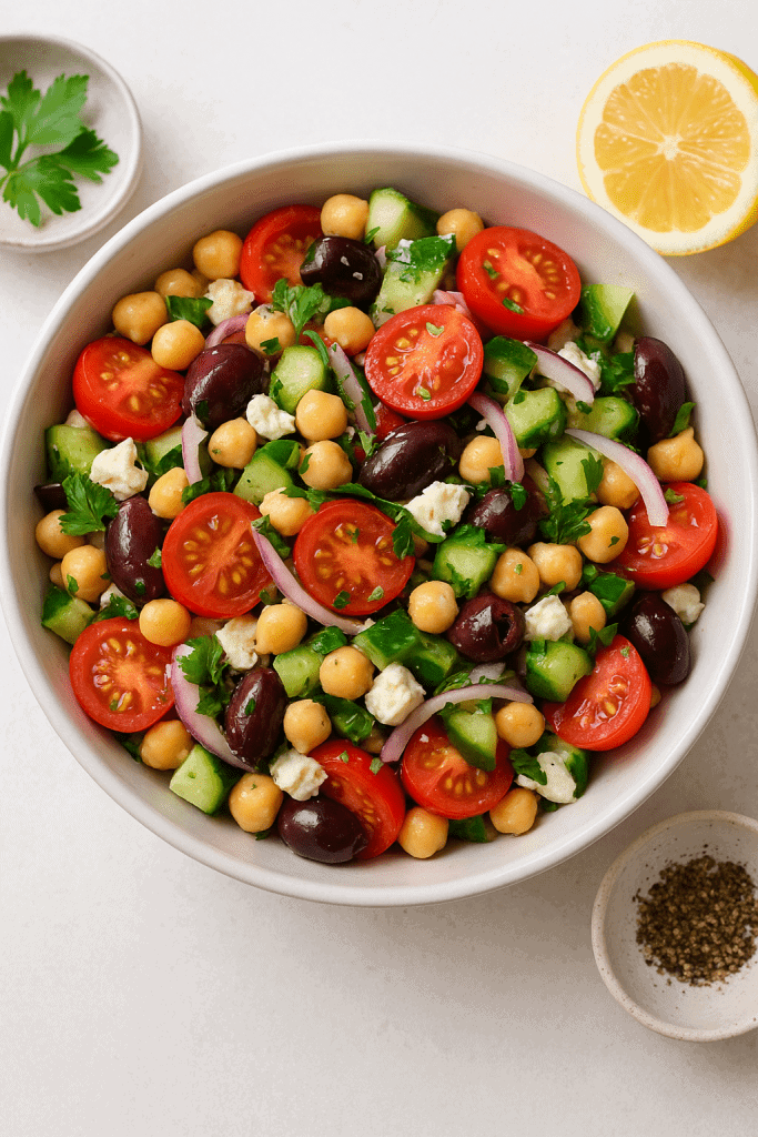 Fresh Mediterranean Chickpea and Feta Salad with chickpeas, cherry tomatoes, cucumber, red onion, Kalamata olives, and crumbled feta, garnished with parsley in a white bowl.