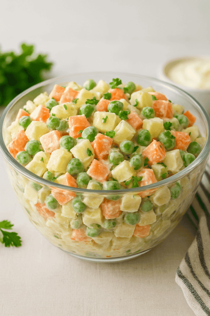 Discover the classic Russian Salad (Olivier Salad) featuring tender cubes of potato and carrot, sweet green peas, and crunchy pickles, all tossed in creamy mayonnaise and lightly seasoned with salt and black pepper, finished with fresh parsley for a refreshing, flavorful bite.