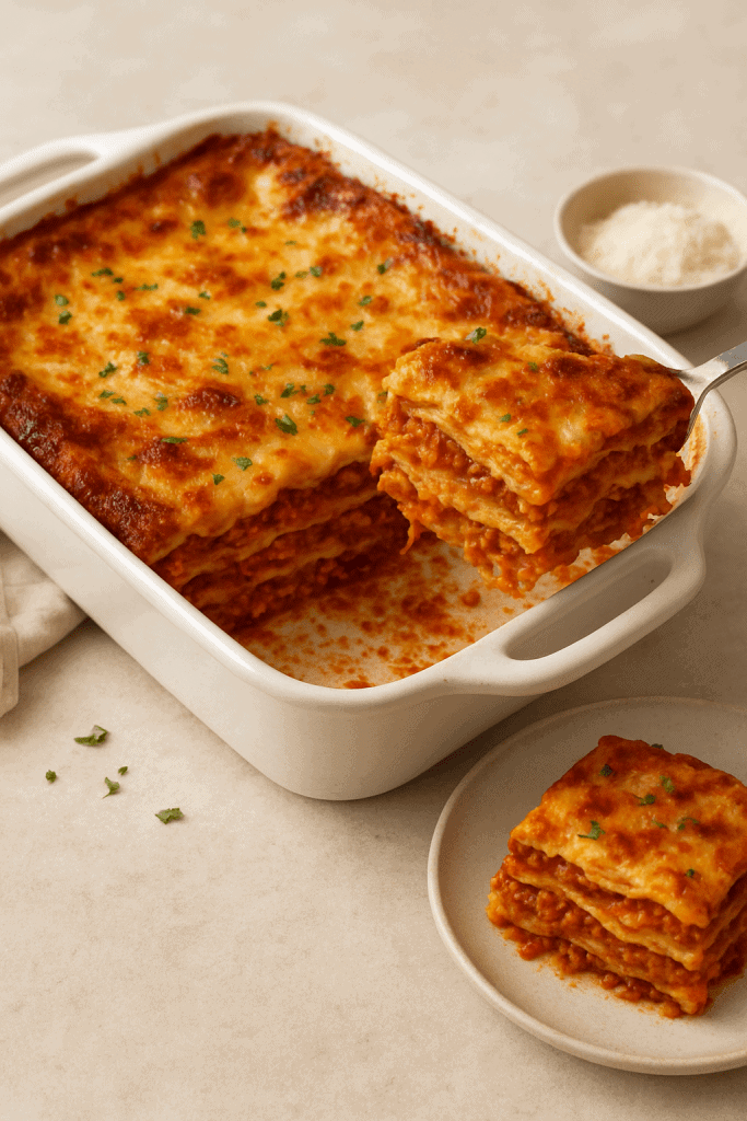 Classic Italian lasagna recipe with visible layers of pasta, meat sauce, and melted cheese, served on a plate with a fork ready to taste, showcasing the rich and creamy texture of this authentic lasagna recipe.